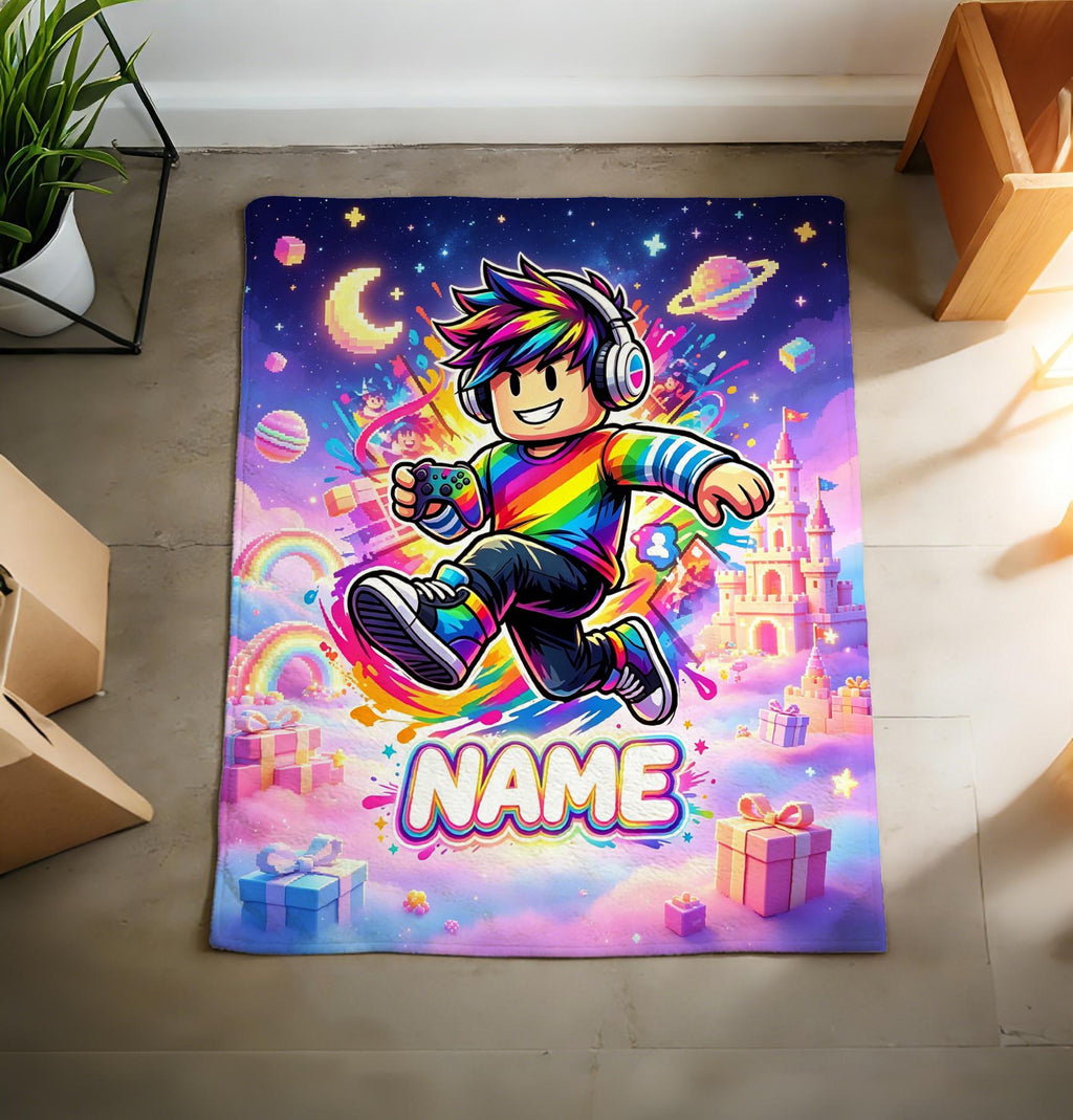 Personalized Rainbow Gamer Blanket Soft Throw, Cosmic Pixel Custom Name Kid Gift