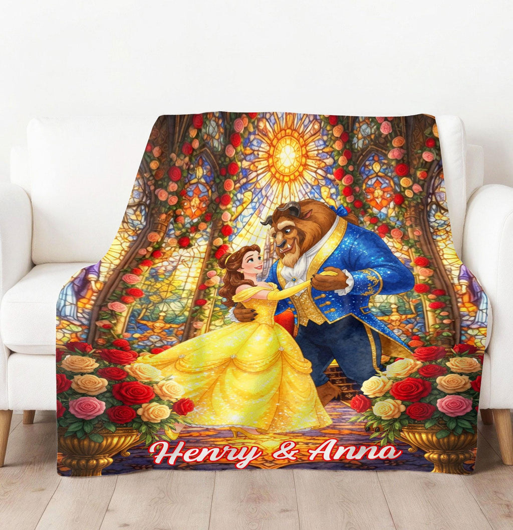 Personalized Beauty And The Beast Blanket, Custom Name Belle Blanket Throw, Disney Princess Blanket, Couple Blanket Gift, Disney Home Decor