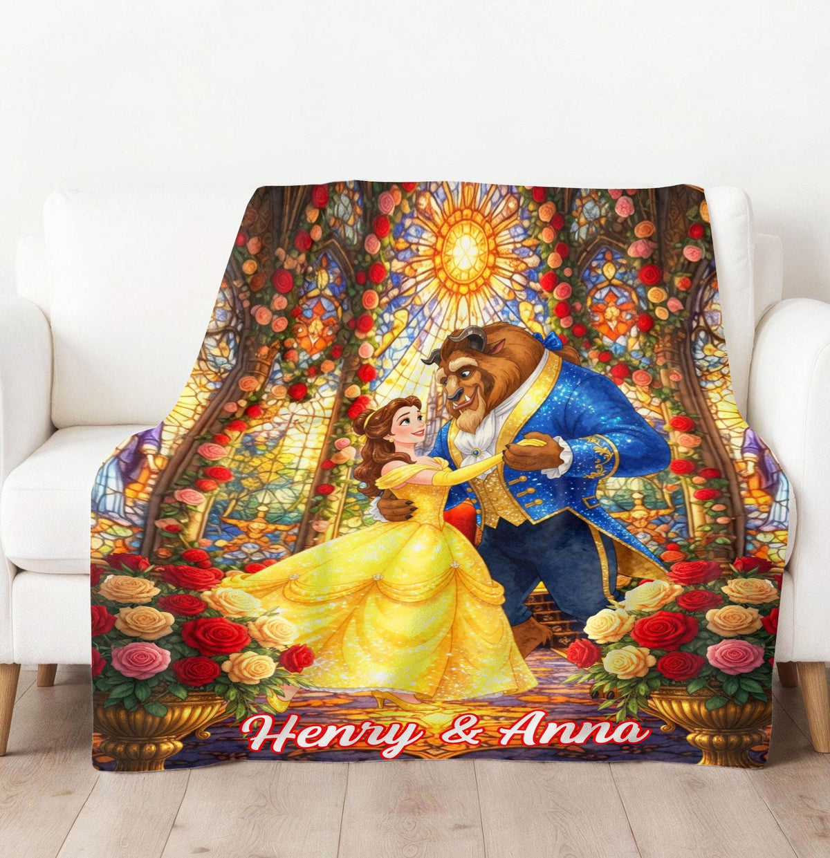 Personalized Beauty And The Beast Blanket, Custom Name Belle Blanket Throw, Disney Princess Blanket, Couple Blanket Gift, Disney Home Decor