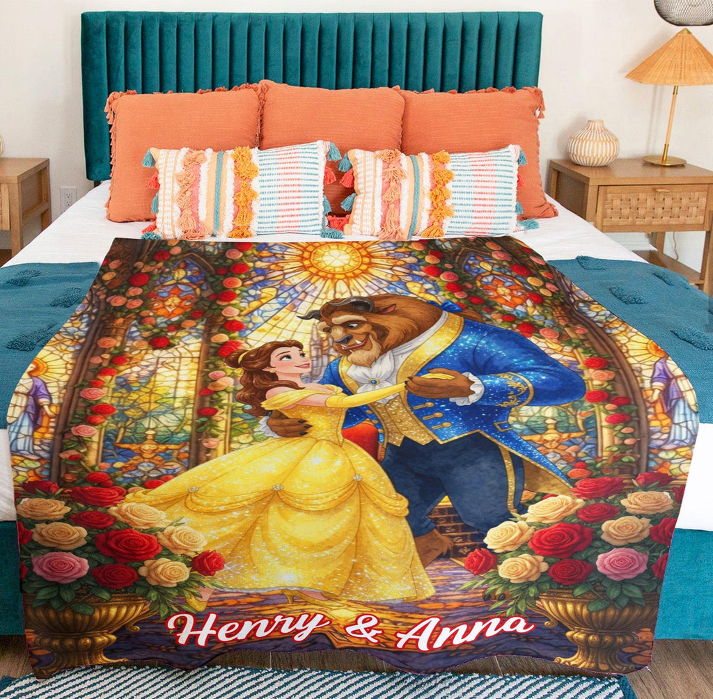 Personalized Beauty And The Beast Blanket, Custom Name Belle Blanket Throw, Disney Princess Blanket, Couple Blanket Gift, Disney Home Decor