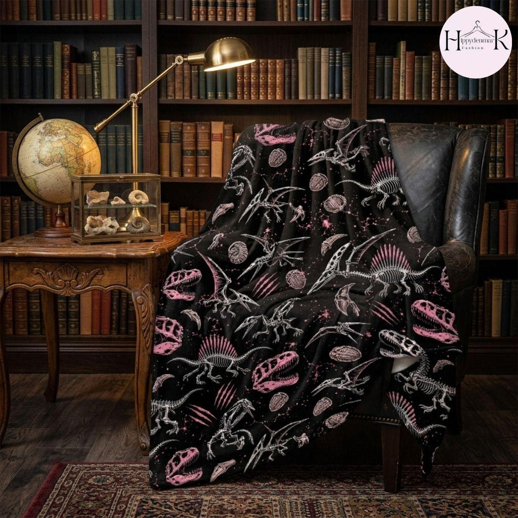 Pink Spinosaurus Skeleton Fleece Blanket, Black Dinosaur Fossil Gothic Throw, Cozy Soft Gift