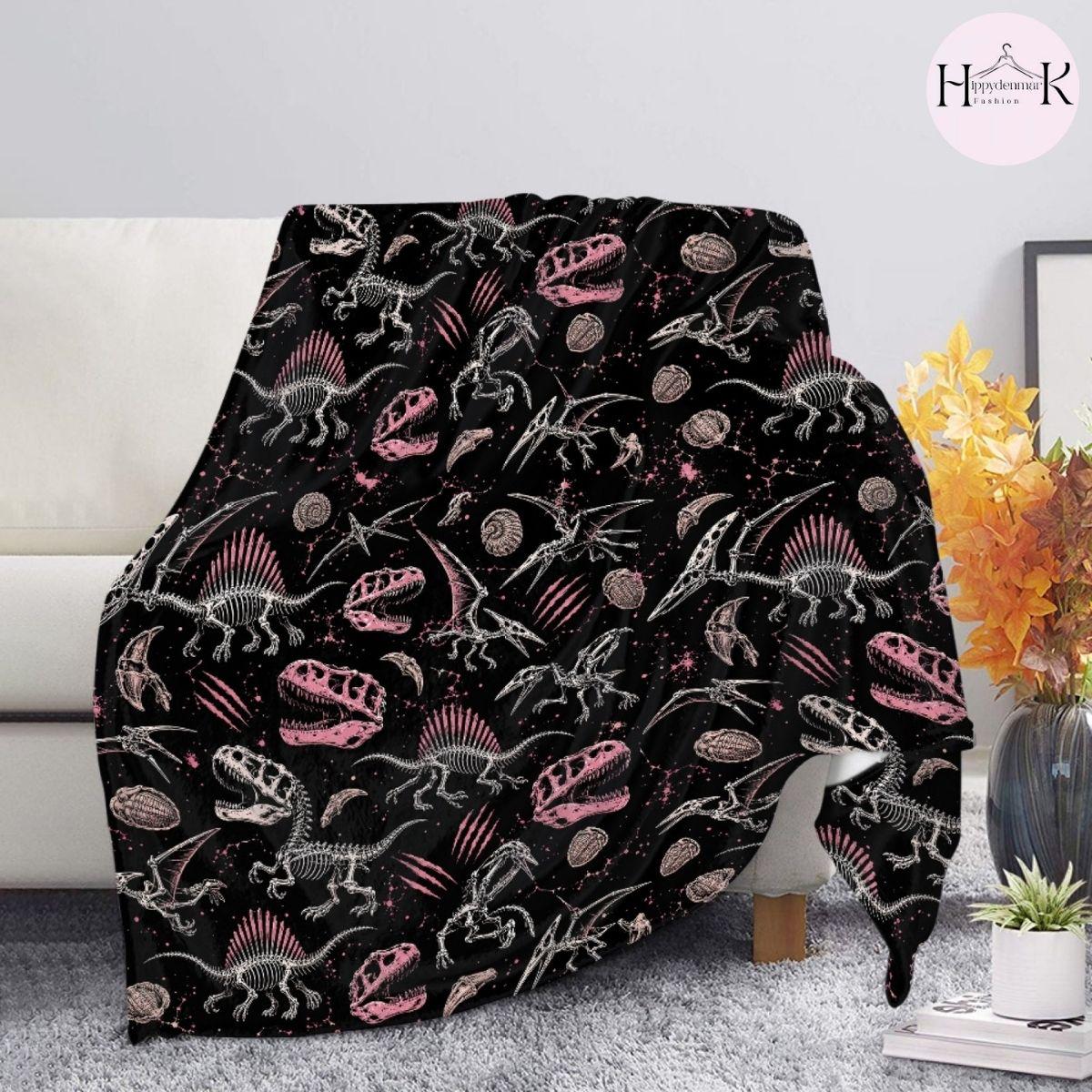 Pink Spinosaurus Skeleton Fleece Blanket, Black Dinosaur Fossil Gothic Throw, Cozy Soft Gift