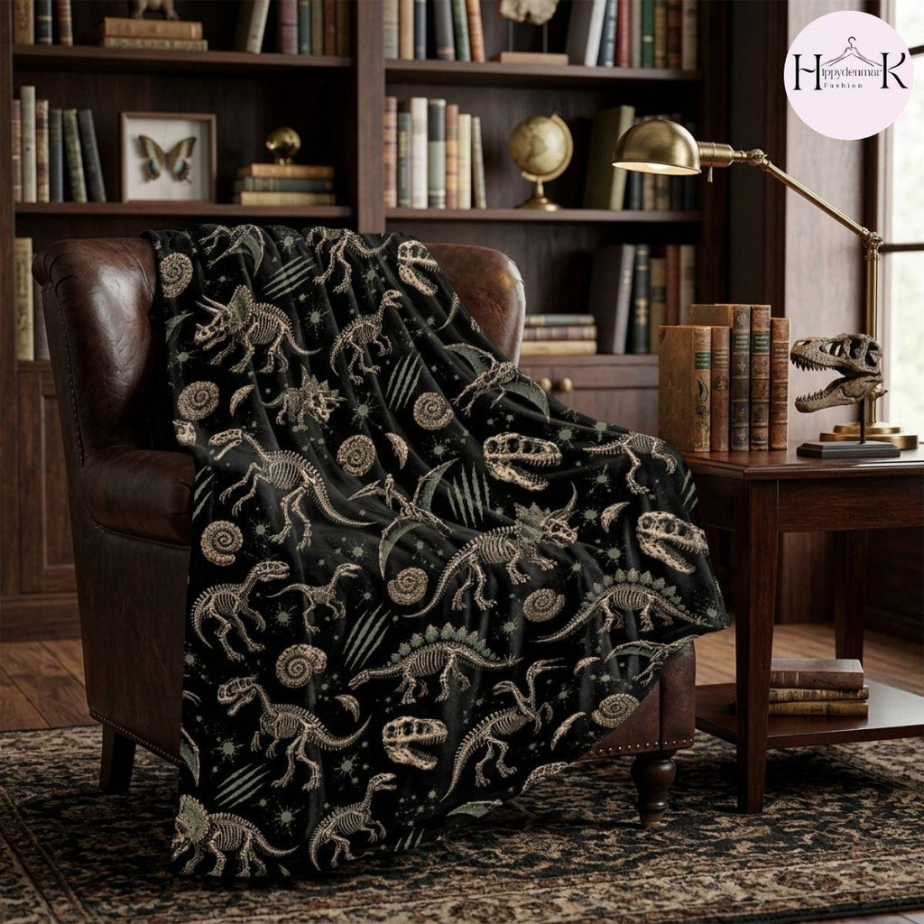 Dinosaur Skeleton Anatomy Fleece Blanket, Black Fossil Bones Gothic Throw, Cozy Soft Gift