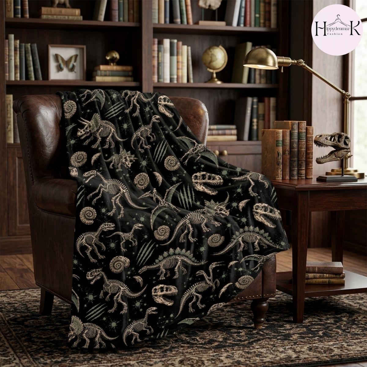 Dinosaur Skeleton Anatomy Fleece Blanket, Black Fossil Bones Gothic Throw, Cozy Soft Gift