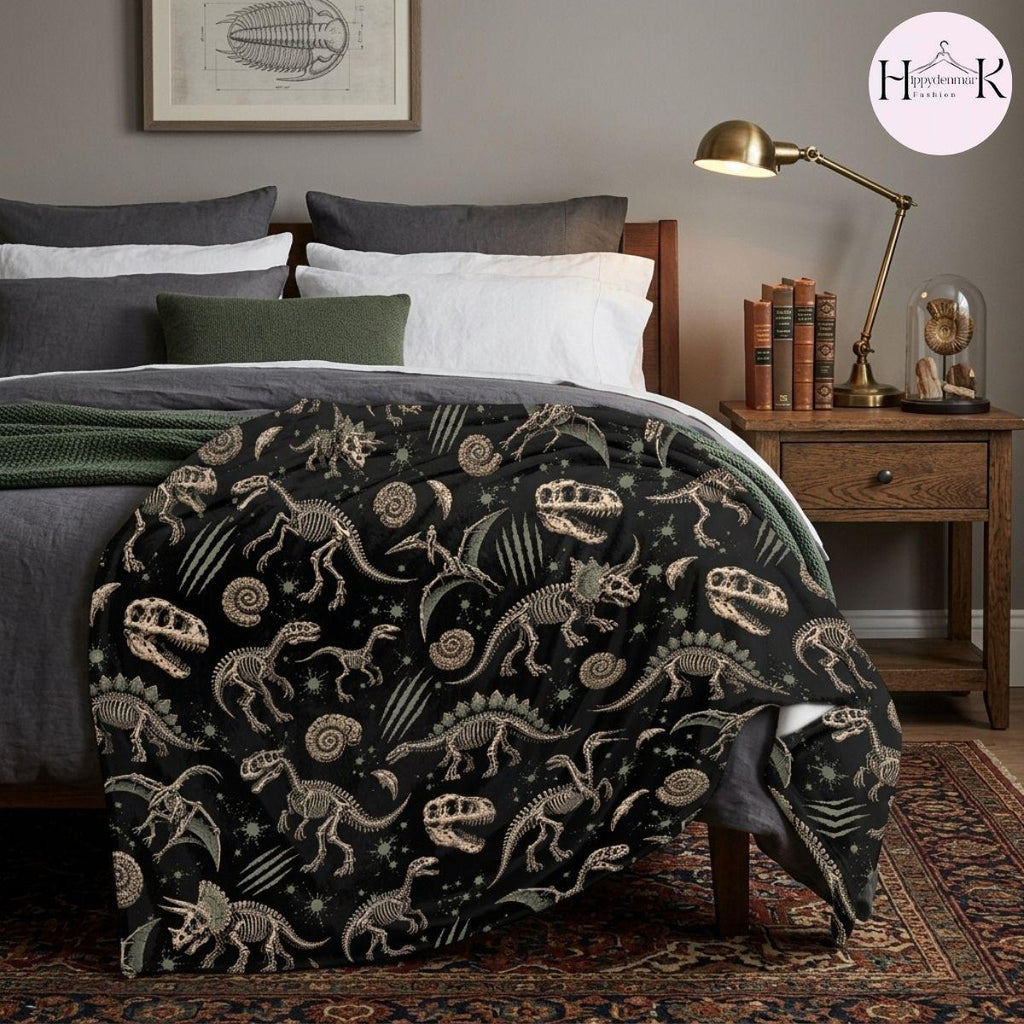 Dinosaur Skeleton Anatomy Fleece Blanket, Black Fossil Bones Gothic Throw, Cozy Soft Gift