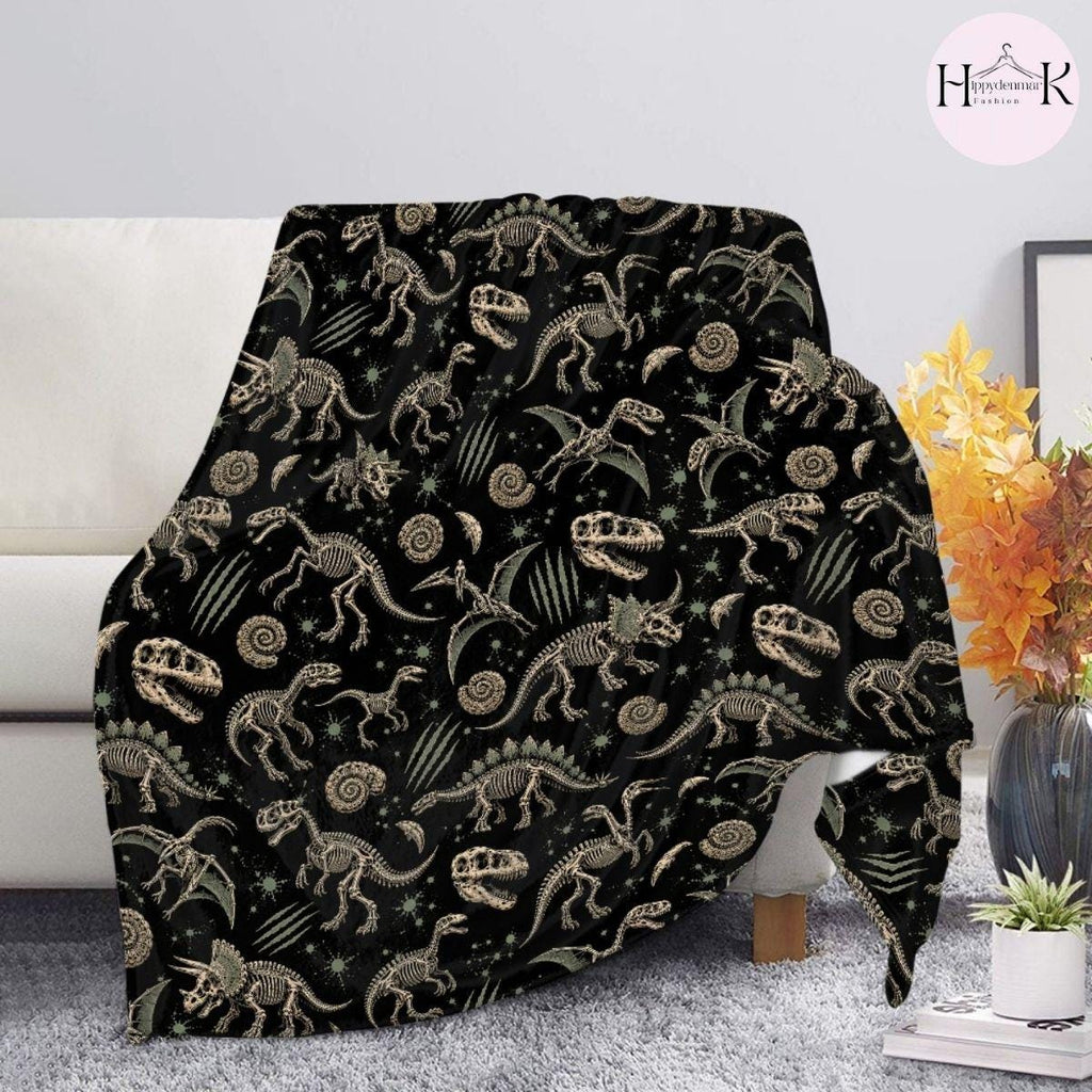 Dinosaur Skeleton Anatomy Fleece Blanket, Black Fossil Bones Gothic Throw, Cozy Soft Gift