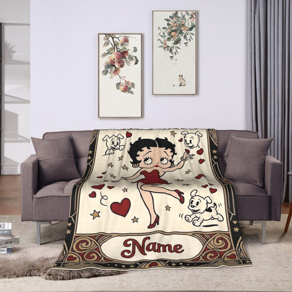Retro Betty Boop Pudgy Dog Fleece Blanket, Custom Heart Throw, Cozy Flannel Sofa Cover