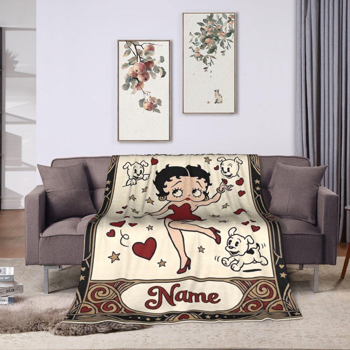 Retro Betty Boop Pudgy Dog Fleece Blanket, Custom Heart Throw, Cozy Flannel Sofa Cover