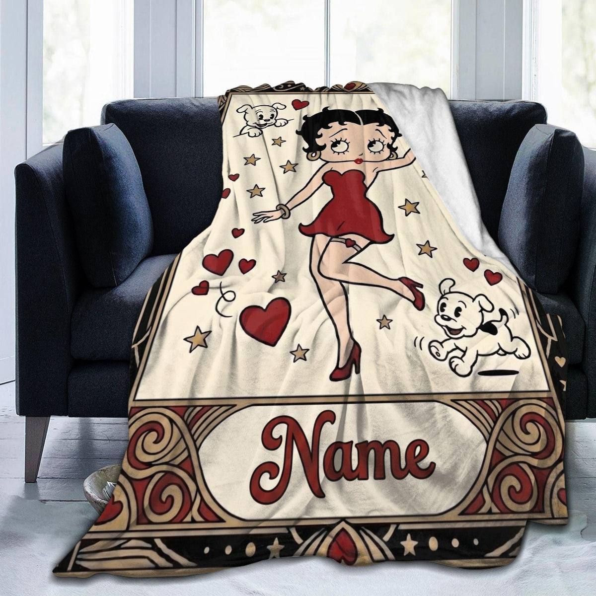 Retro Betty Boop Pudgy Dog Fleece Blanket, Custom Heart Throw, Cozy Flannel Sofa Cover