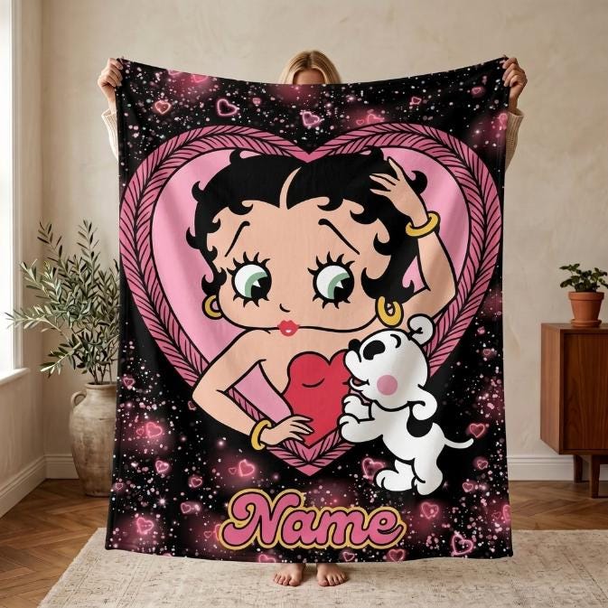 Betty Boop Pink Heart Fleece Blanket, Custom Name Sparkle Puppy Flannel Throw Blanket for Bedroom Sofa, Cute Romantic Birthday Gift