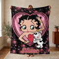 Betty Boop Pink Heart Fleece Blanket, Custom Name Sparkle Puppy Flannel Throw Blanket for Bedroom Sofa, Cute Romantic Birthday Gift