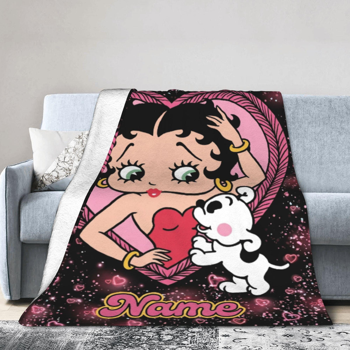 Betty Boop Pink Heart Fleece Blanket, Custom Name Sparkle Puppy Flannel Throw Blanket for Bedroom Sofa, Cute Romantic Birthday Gift
