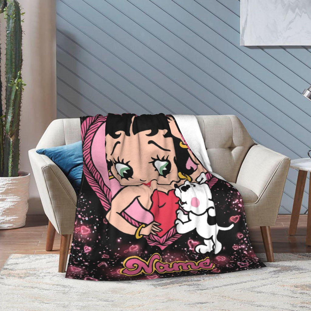 Betty Boop Pink Heart Fleece Blanket, Custom Name Sparkle Puppy Flannel Throw Blanket for Bedroom Sofa, Cute Romantic Birthday Gift