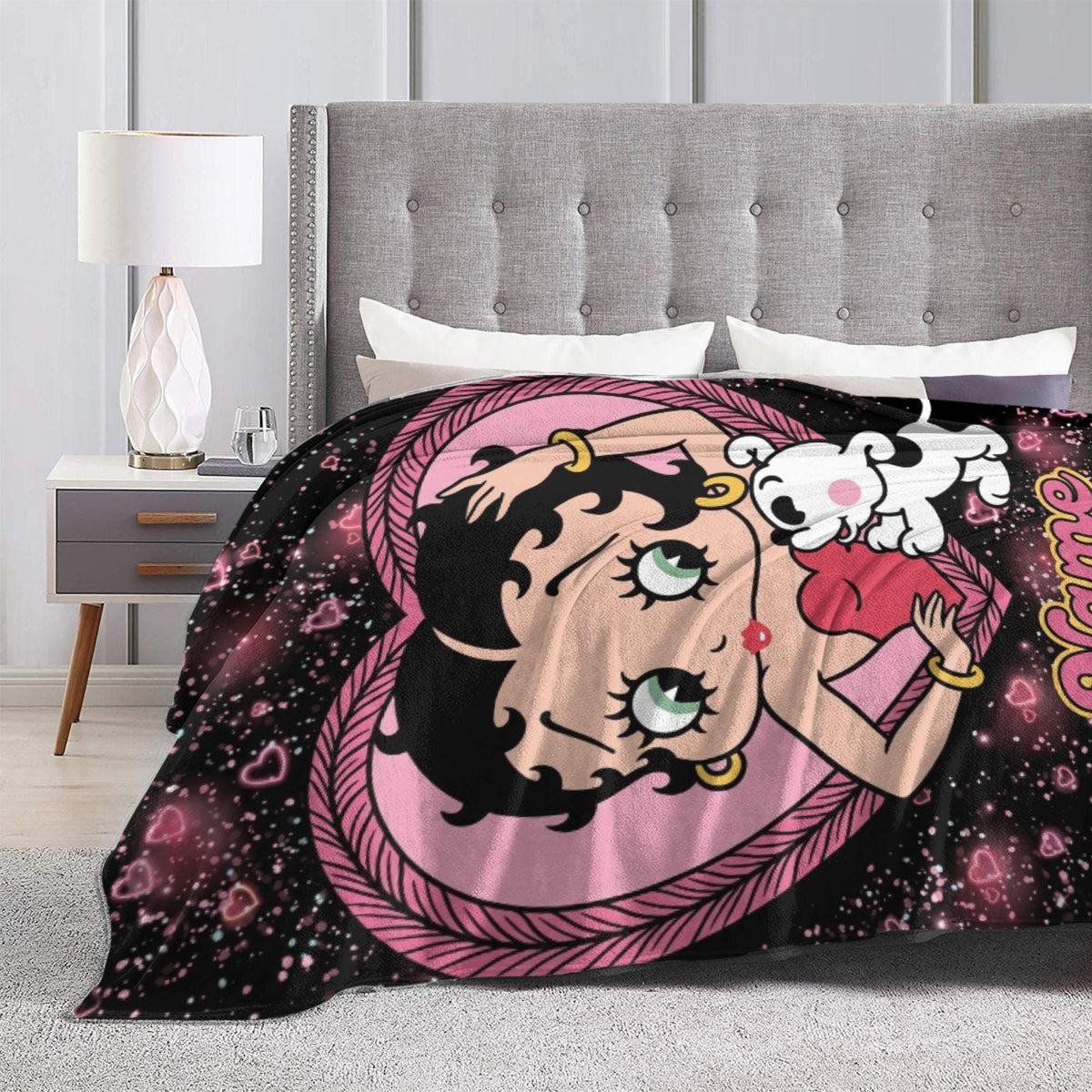 Betty Boop Pink Heart Fleece Blanket, Custom Name Sparkle Puppy Flannel Throw Blanket for Bedroom Sofa, Cute Romantic Birthday Gift