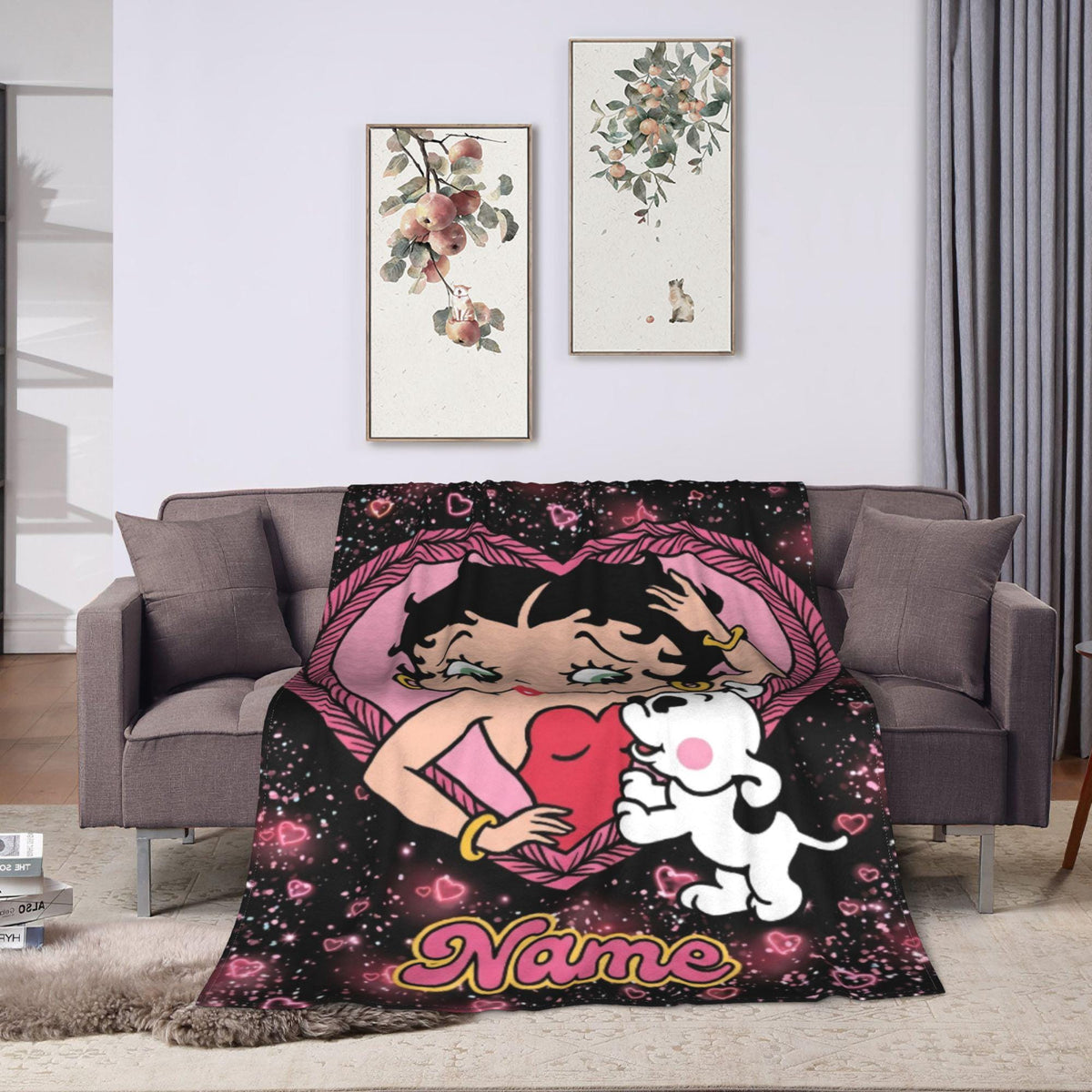 Betty Boop Pink Heart Fleece Blanket, Custom Name Sparkle Puppy Flannel Throw Blanket for Bedroom Sofa, Cute Romantic Birthday Gift