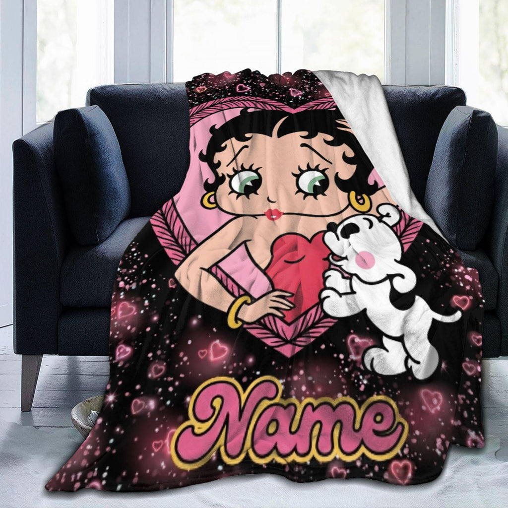 Betty Boop Pink Heart Fleece Blanket, Custom Name Sparkle Puppy Flannel Throw Blanket for Bedroom Sofa, Cute Romantic Birthday Gift