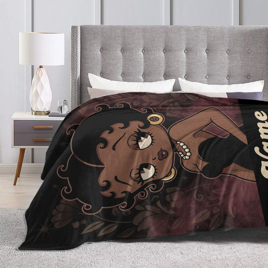 Customized Name Black Betty Boop Fleece Blanket, Vintage Floral Elegance Pearl Flannel Throw Blanket for Living Room, Retro Gift Idea