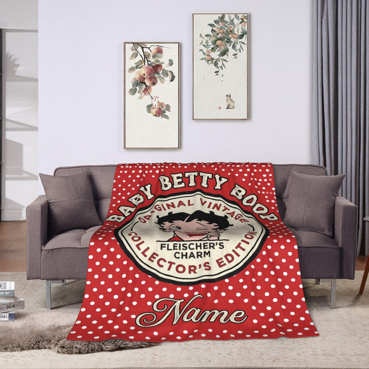 Vintage Polka Dot Baby Betty Boop Fleece Blanket, Personalized Collector Badge Flannel Throw Blanket for Bed Sofa, Retro Birthday Gift