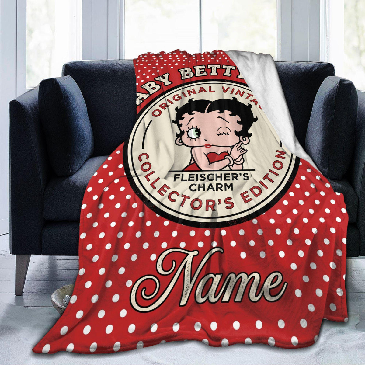Vintage Polka Dot Baby Betty Boop Fleece Blanket, Personalized Collector Badge Flannel Throw Blanket for Bed Sofa, Retro Birthday Gift