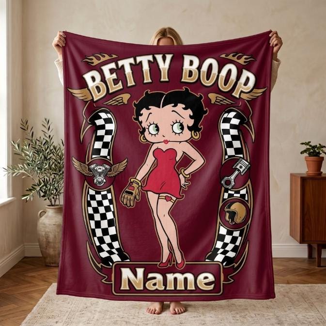 Custom Name Biker Betty Boop Fleece Blanket, Motorcycle Racing Chequered Flannel Throw Blanket for Men Women, Retro Garage Decor Gift