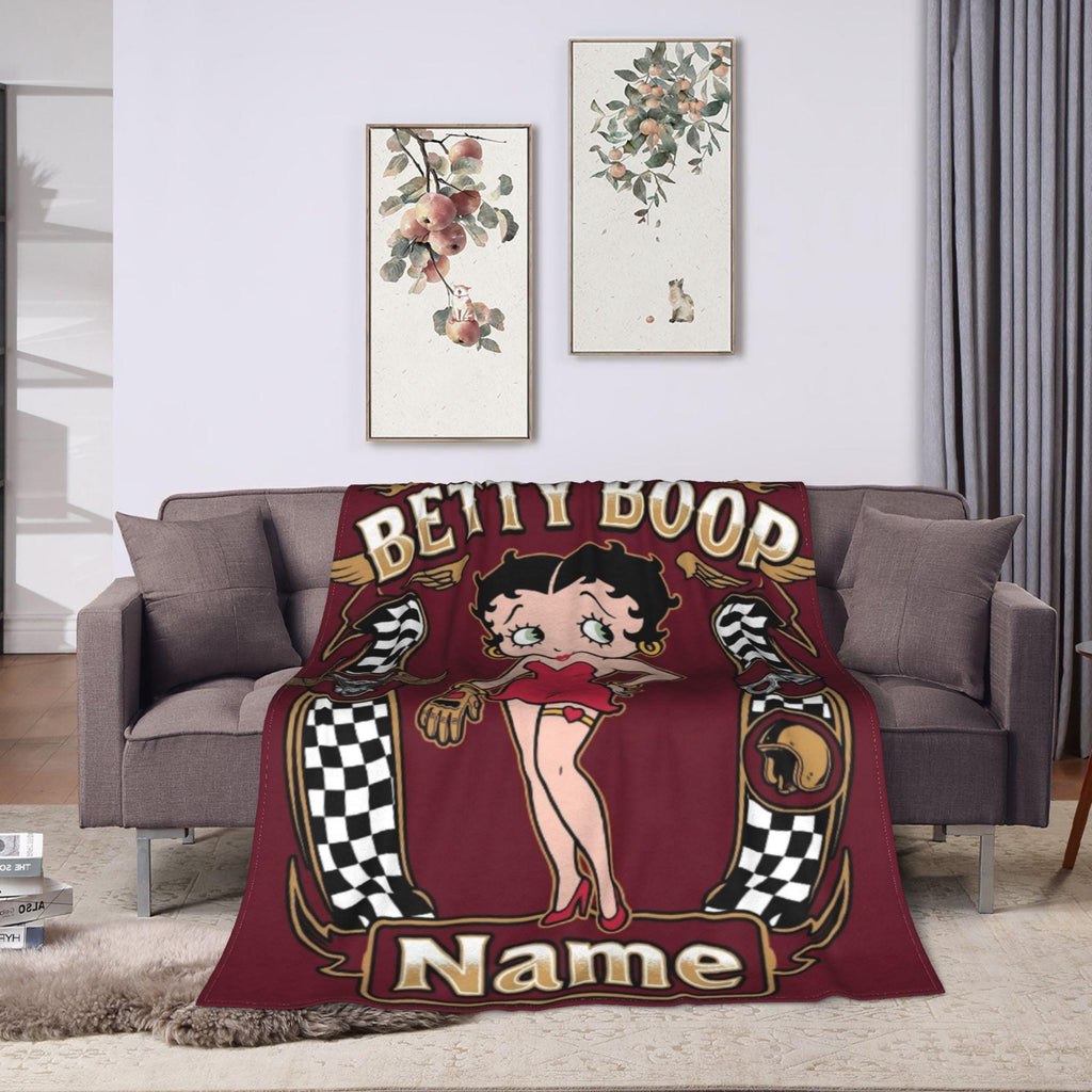 Custom Name Biker Betty Boop Fleece Blanket, Motorcycle Racing Chequered Flannel Throw Blanket for Men Women, Retro Garage Decor Gift