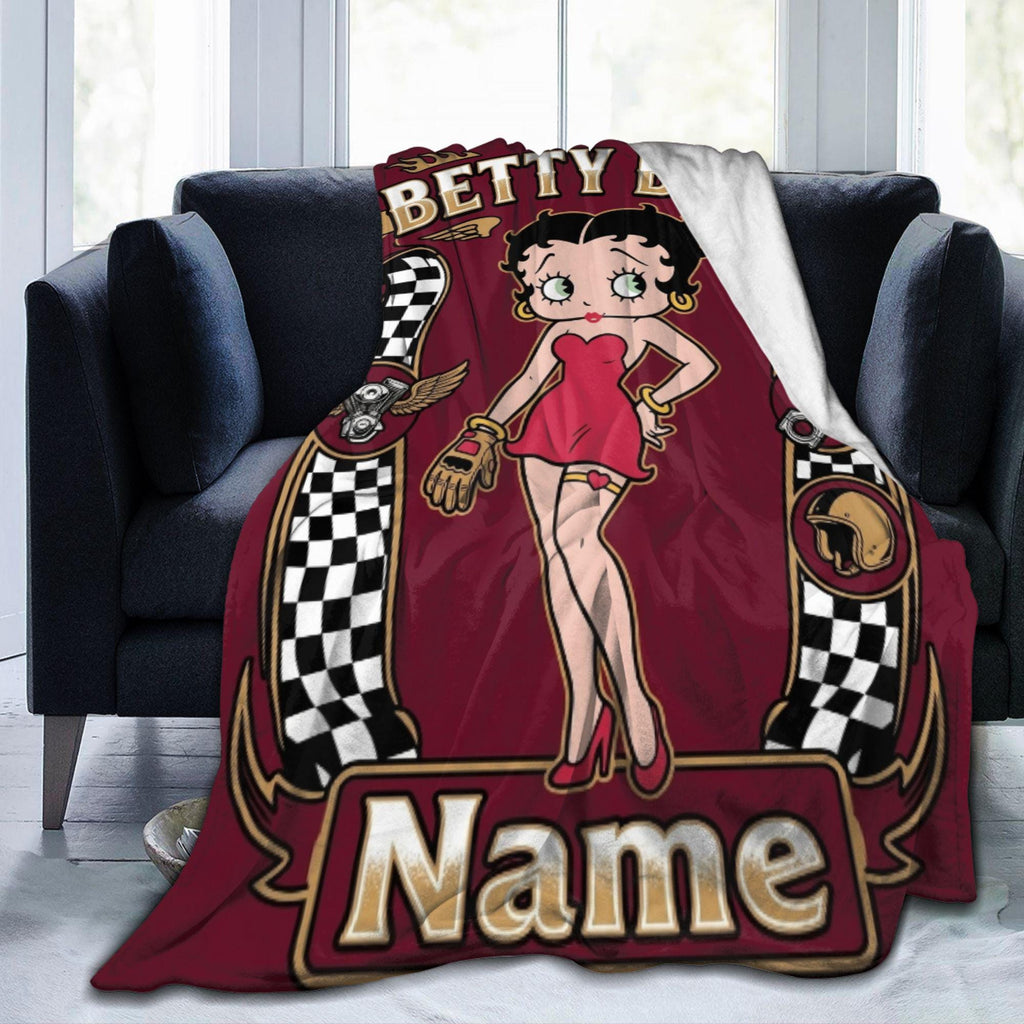 Custom Name Biker Betty Boop Fleece Blanket, Motorcycle Racing Chequered Flannel Throw Blanket for Men Women, Retro Garage Decor Gift