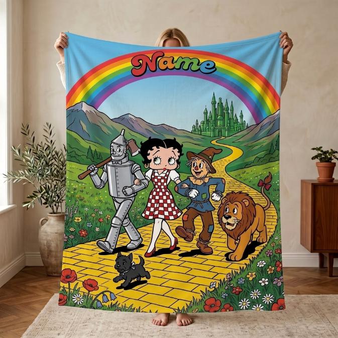 Personalized Wizard of Oz Betty Boop Fleece Blanket, Custom Name Rainbow Yellow Brick Road Flannel Throw Blanket, Cute Fairy Tale Gift