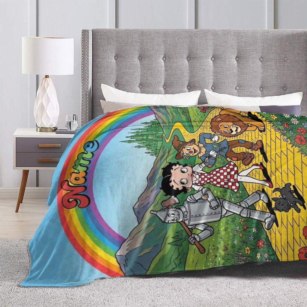 Personalized Wizard of Oz Betty Boop Fleece Blanket, Custom Name Rainbow Yellow Brick Road Flannel Throw Blanket, Cute Fairy Tale Gift