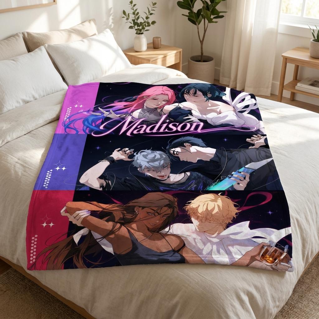 Personalized ALNST Anime Flannel Blanket Custom Name Cozy Throw Sofa Bedding Otaku Room Decor Aesthetic Merch Gift for Fan Birthday