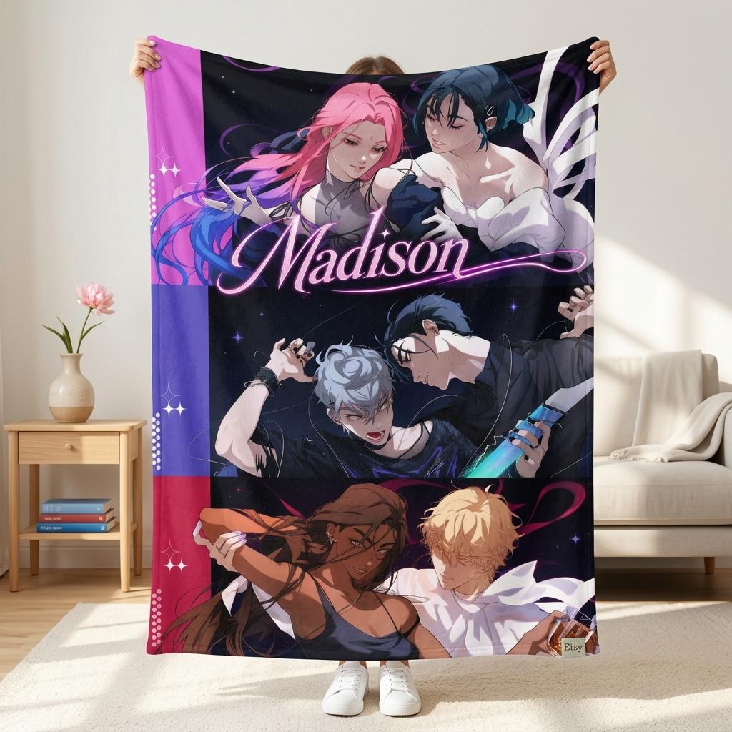 Personalized ALNST Anime Flannel Blanket Custom Name Cozy Throw Sofa Bedding Otaku Room Decor Aesthetic Merch Gift for Fan Birthday