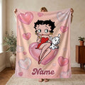 Custom Name Pink Heart Betty Boop Fleece Blanket, Romantic Puppy Flannel Throw Blanket for Bed Sofa, Sweet Cute Girls Birthday Gift