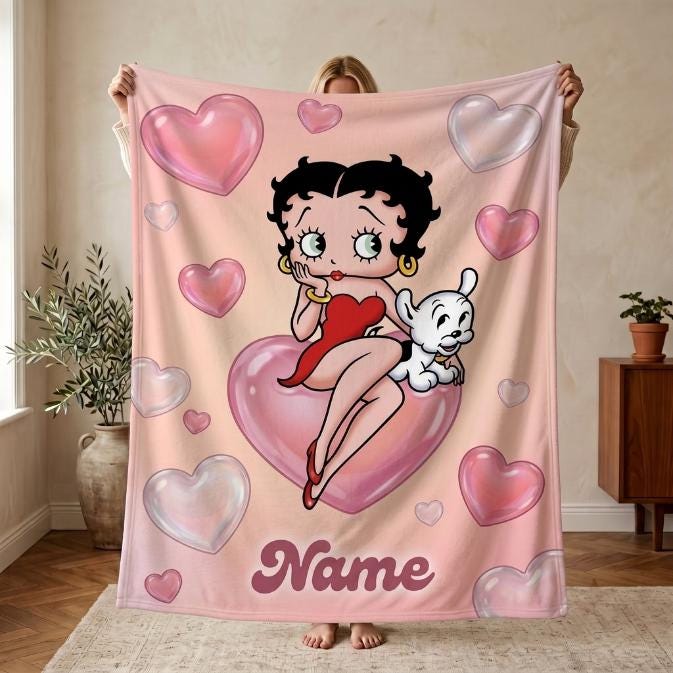 Custom Name Pink Heart Betty Boop Fleece Blanket, Romantic Puppy Flannel Throw Blanket for Bed Sofa, Sweet Cute Girls Birthday Gift