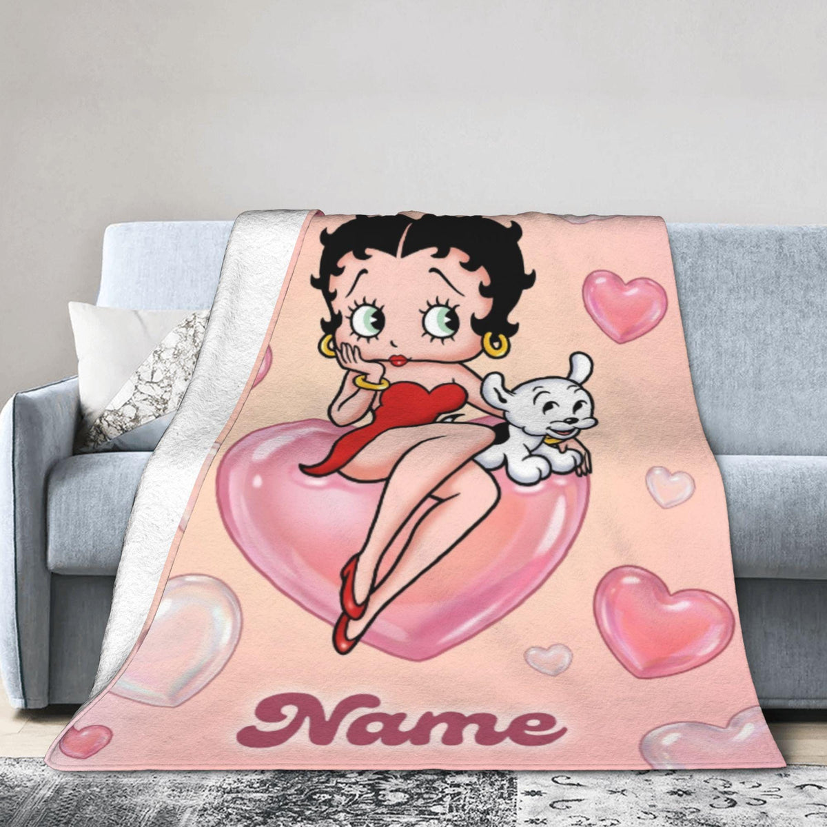 Custom Name Pink Heart Betty Boop Fleece Blanket, Romantic Puppy Flannel Throw Blanket for Bed Sofa, Sweet Cute Girls Birthday Gift