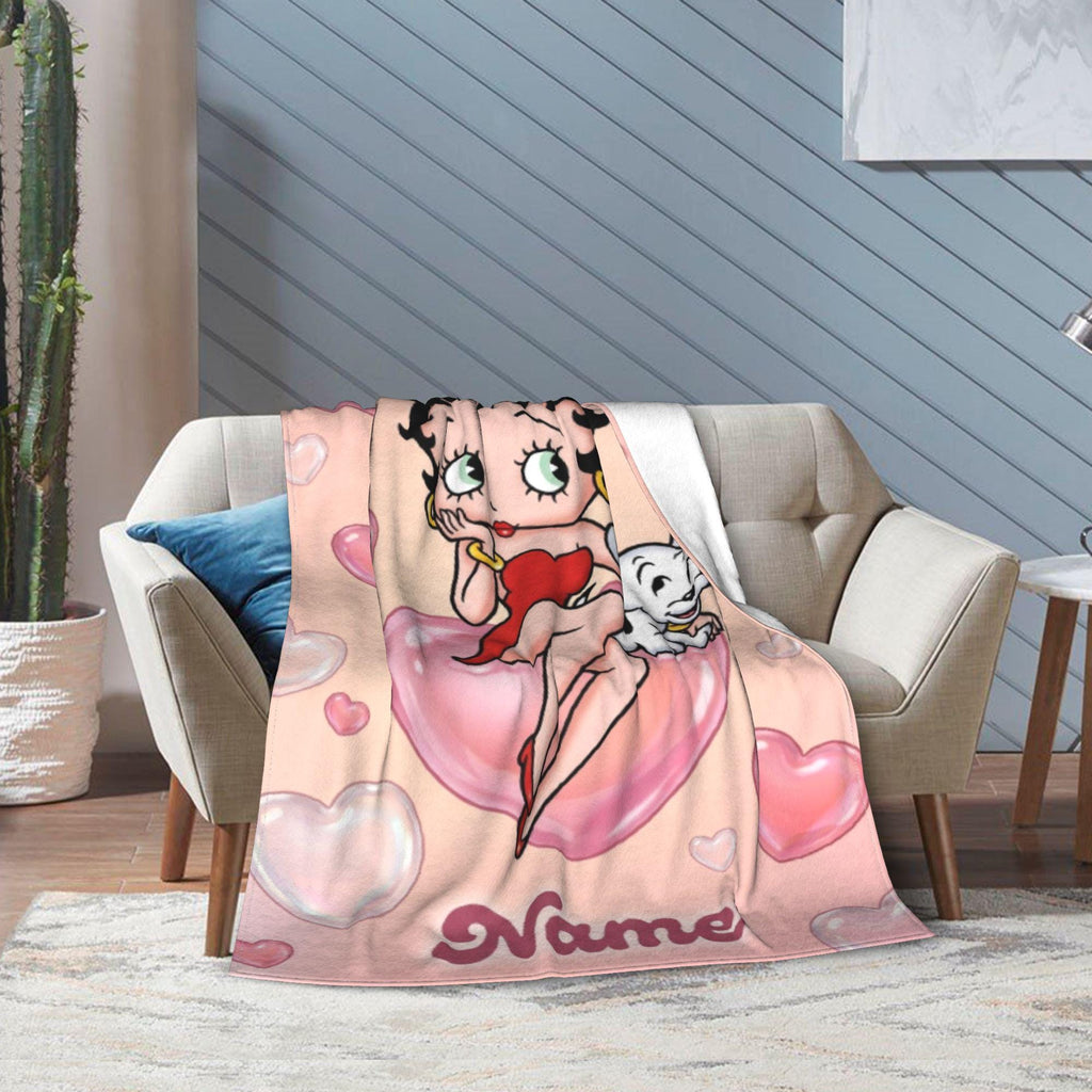 Custom Name Pink Heart Betty Boop Fleece Blanket, Romantic Puppy Flannel Throw Blanket for Bed Sofa, Sweet Cute Girls Birthday Gift