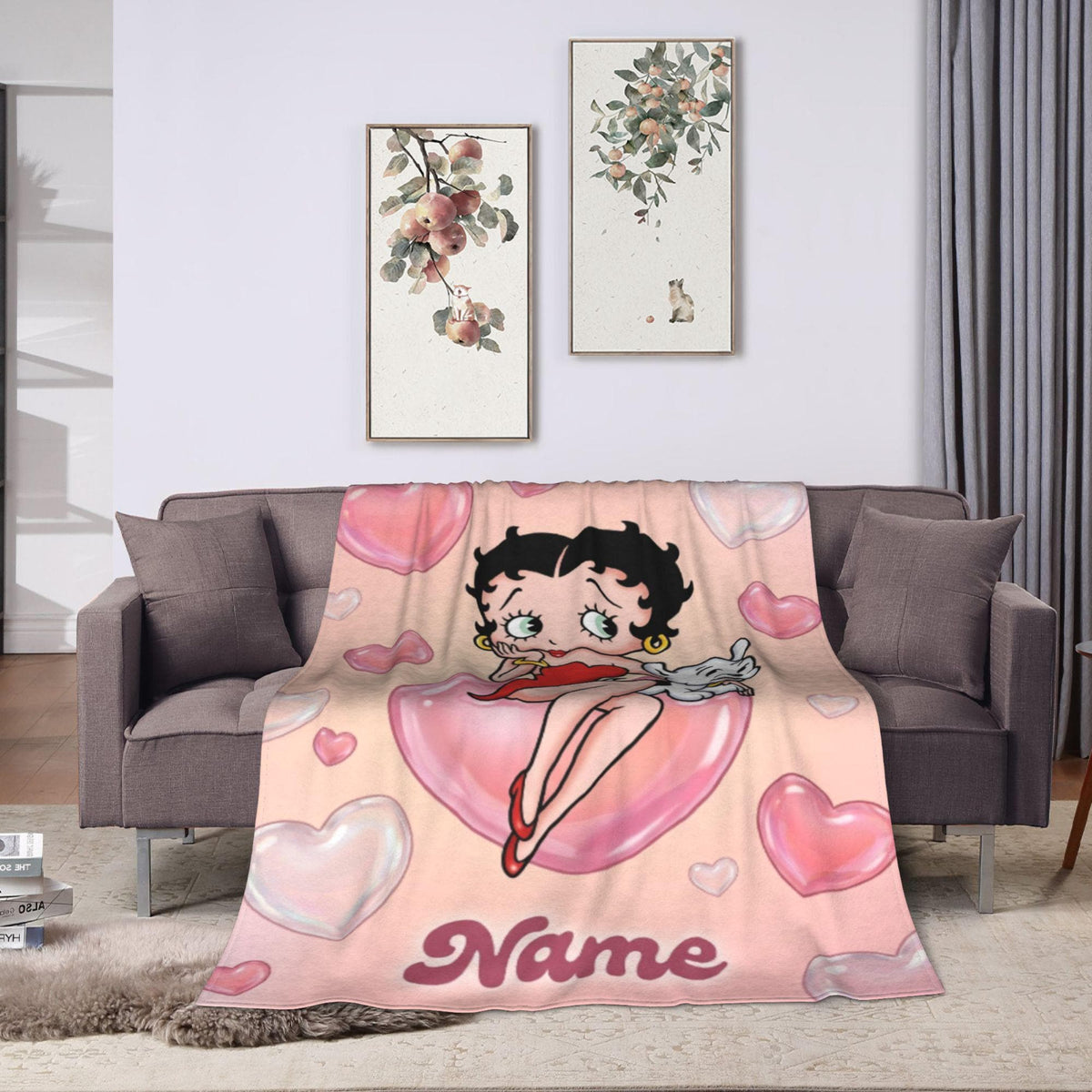 Custom Name Pink Heart Betty Boop Fleece Blanket, Romantic Puppy Flannel Throw Blanket for Bed Sofa, Sweet Cute Girls Birthday Gift
