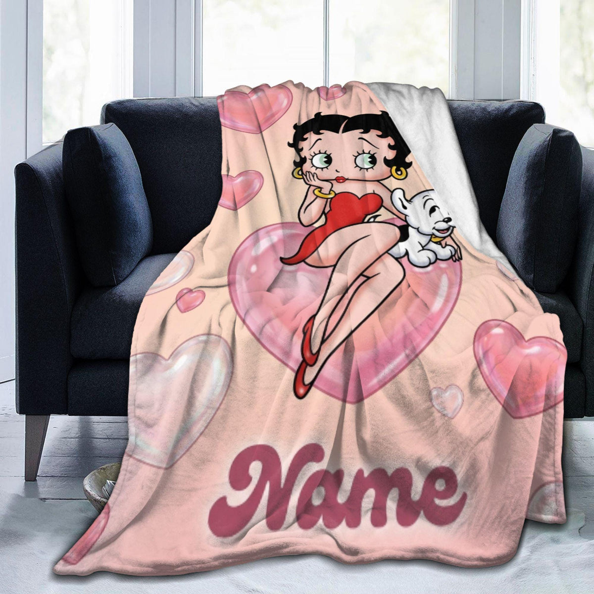 Custom Name Pink Heart Betty Boop Fleece Blanket, Romantic Puppy Flannel Throw Blanket for Bed Sofa, Sweet Cute Girls Birthday Gift