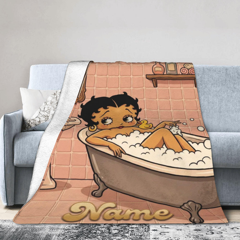 Personalized Bubble Bath Betty Boop Fleece Blanket, Custom Name Pink Bathroom Flannel Throw Blanket for Bed Sofa, Cute Spa Decor Gift