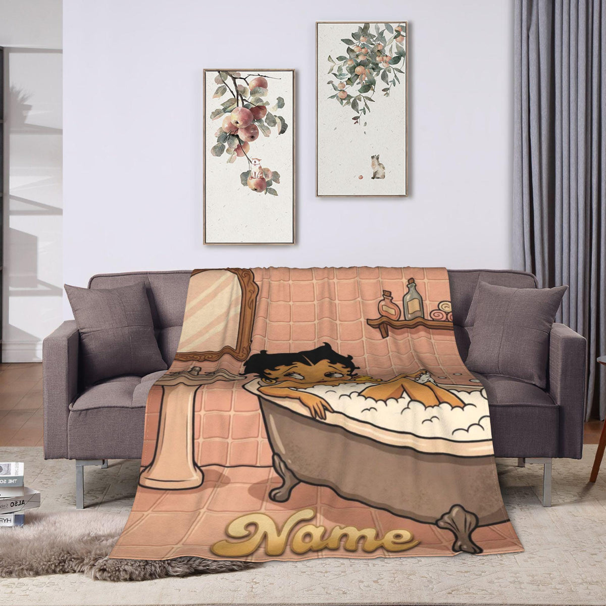 Personalized Bubble Bath Betty Boop Fleece Blanket, Custom Name Pink Bathroom Flannel Throw Blanket for Bed Sofa, Cute Spa Decor Gift