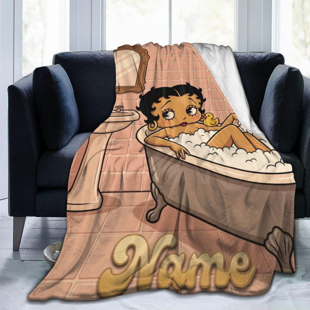 Personalized Bubble Bath Betty Boop Fleece Blanket, Custom Name Pink Bathroom Flannel Throw Blanket for Bed Sofa, Cute Spa Decor Gift