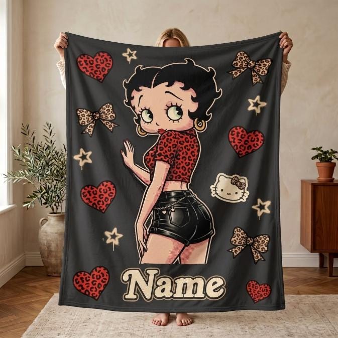 Trendy Leopard Heart Betty Boop Fleece Blanket, Custom Name Y2K Bow Flannel Throw Blanket for Couch Sofa, Cool Aesthetic Bedroom Gift