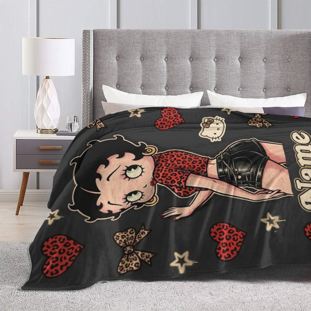 Trendy Leopard Heart Betty Boop Fleece Blanket, Custom Name Y2K Bow Flannel Throw Blanket for Couch Sofa, Cool Aesthetic Bedroom Gift