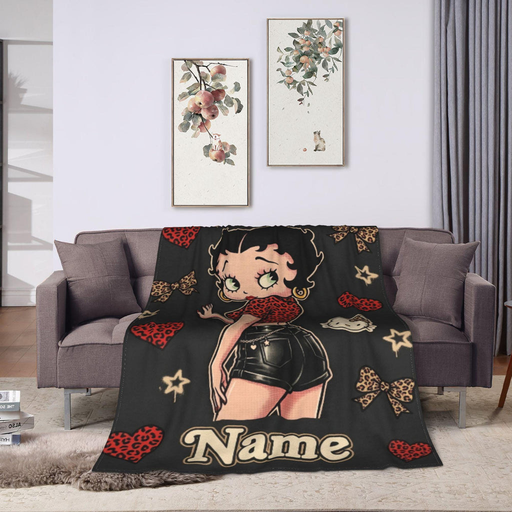 Trendy Leopard Heart Betty Boop Fleece Blanket, Custom Name Y2K Bow Flannel Throw Blanket for Couch Sofa, Cool Aesthetic Bedroom Gift