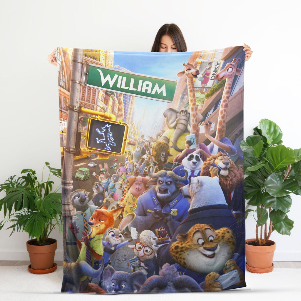 Custom Name Zootopia Fleece Blanket, Personalized Cute Animal Kids Throw, Birthday Gift for Boys Girls,Disney Zootopia Nursery Bedding Decor