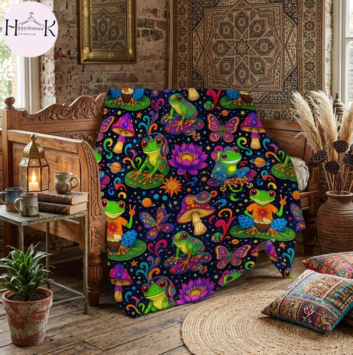 Colorful Frog Fleece Blanket, Psychedelic Frog Throw Blanket, Trippy Mushroom Floral Blanket, Boho Cottagecore Cozy Blanket, Frog Lover Home