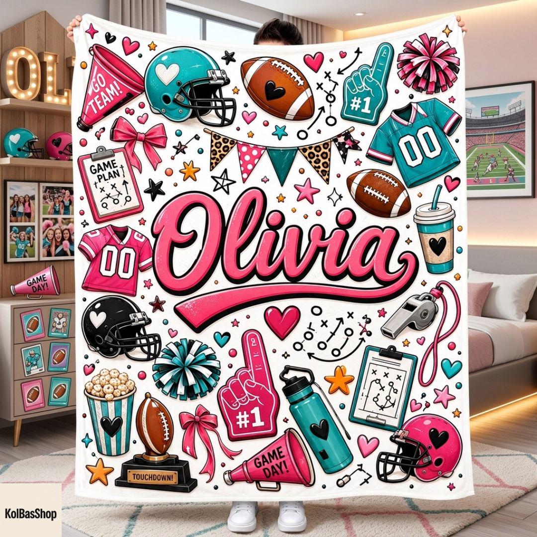 Custom Football Blanket with Name, Football Cheer Blanket, Sports Blanket, Game Day Blanket, Gift for Football Lover, Football Player Gift
