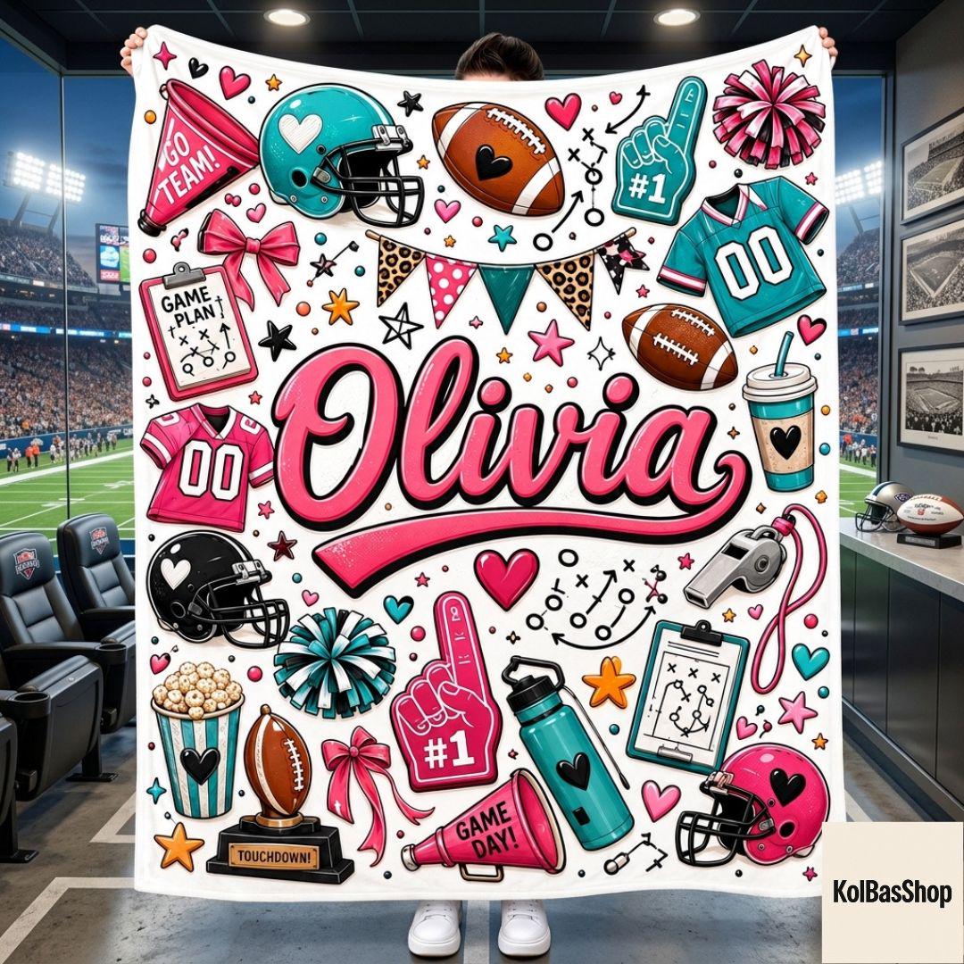Custom Football Blanket with Name, Football Cheer Blanket, Sports Blanket, Game Day Blanket, Gift for Football Lover, Football Player Gift