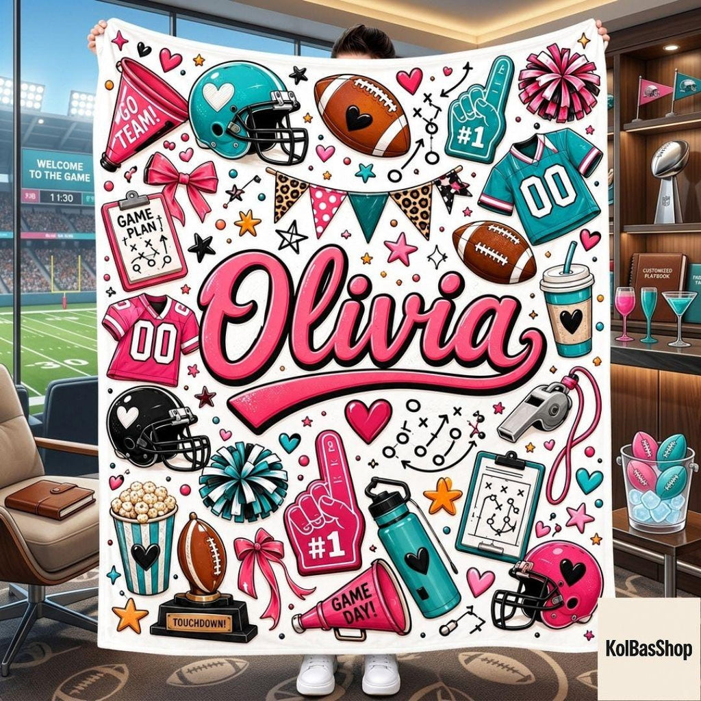 Custom Football Blanket with Name, Football Cheer Blanket, Sports Blanket, Game Day Blanket, Gift for Football Lover, Football Player Gift