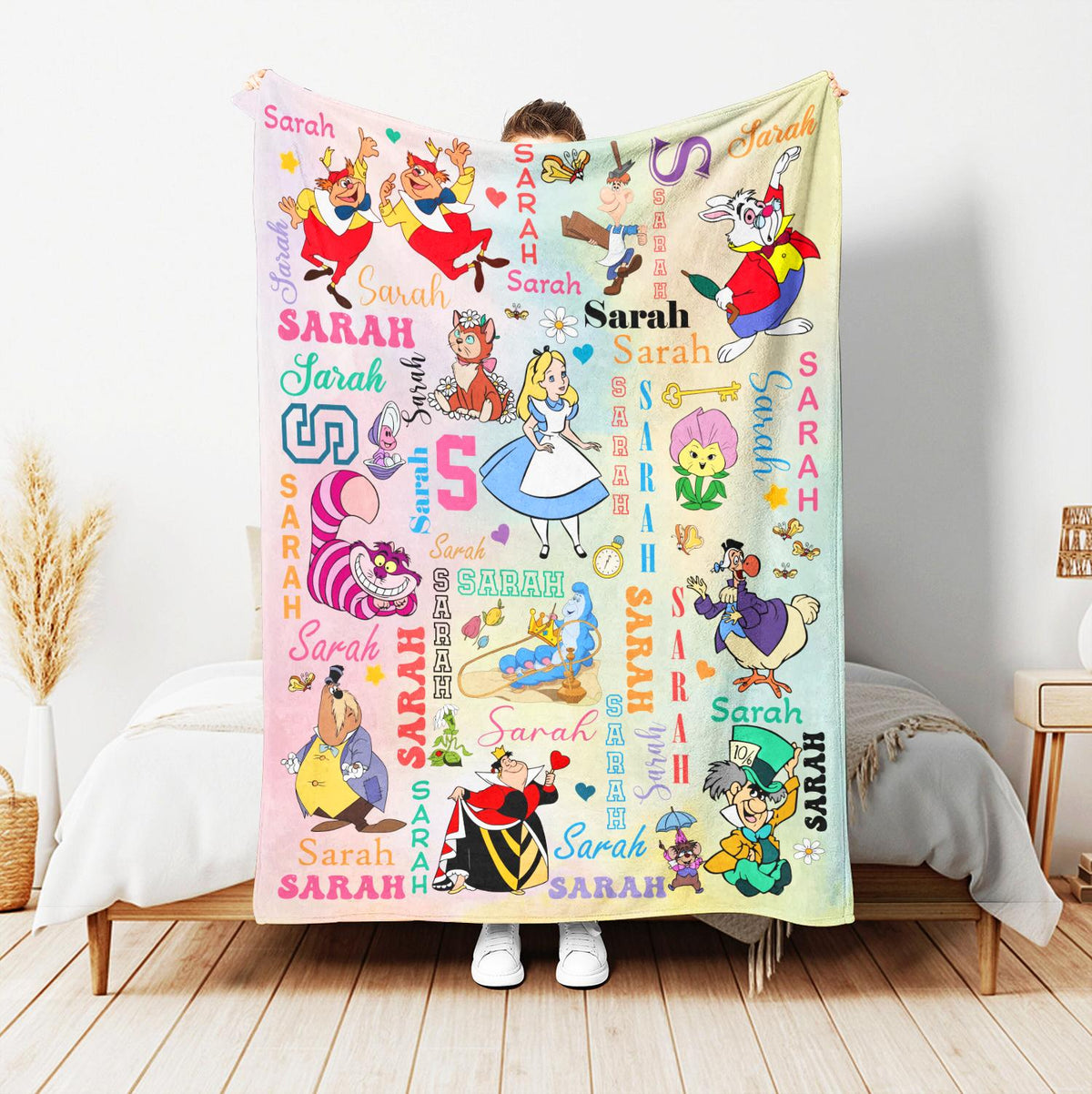 Custom Alice in Wonderland Blanket, Personalized Name Repeat Blanket for Kids Baby Girl Gift, Whimsical Cute Wonderland Decor, Disney Alice