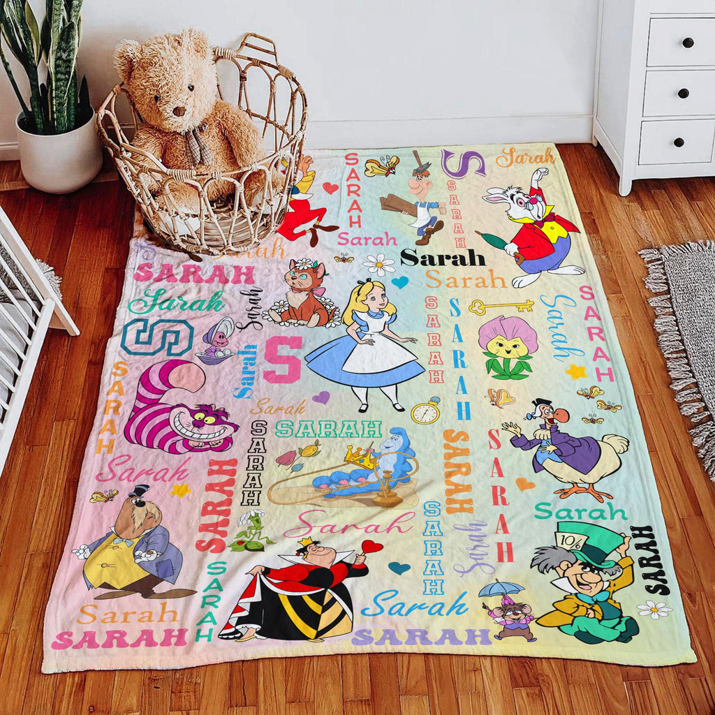Custom Alice in Wonderland Blanket, Personalized Name Repeat Blanket for Kids Baby Girl Gift, Whimsical Cute Wonderland Decor, Disney Alice