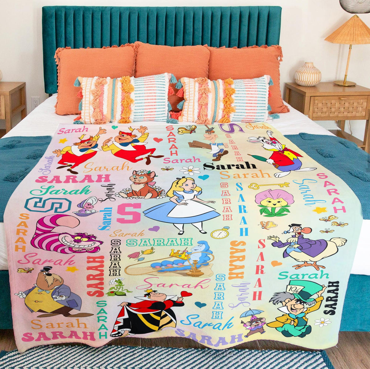 Custom Alice in Wonderland Blanket, Personalized Name Repeat Blanket for Kids Baby Girl Gift, Whimsical Cute Wonderland Decor, Disney Alice